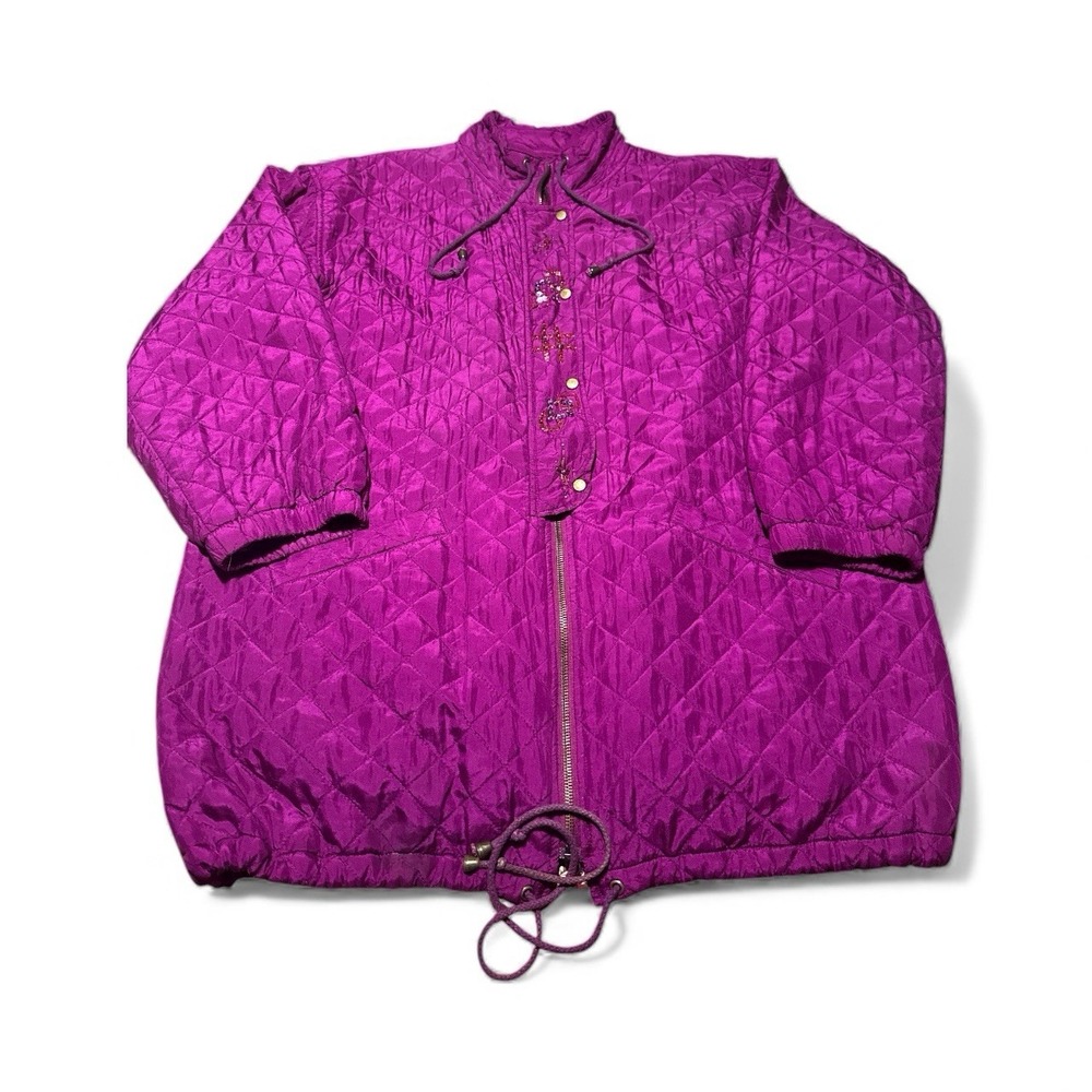 VINTAGE Carole Little 100% Silk Oversized Purple Quilted Beaded Jacket‎ Womens M